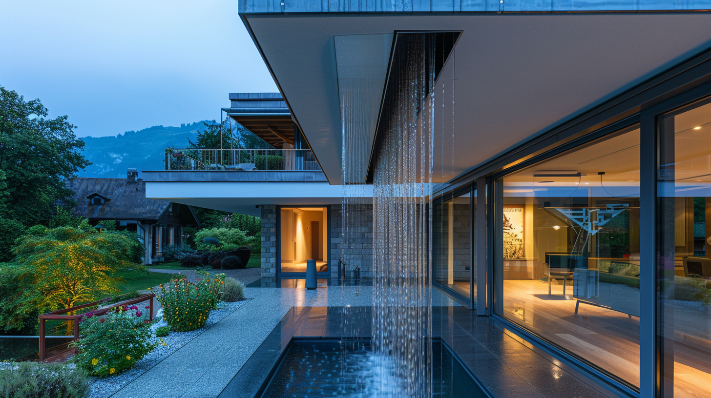Modernes Haus mit Wasserfall, Glaswänden und Bergkulisse in der Abenddämmerung.
