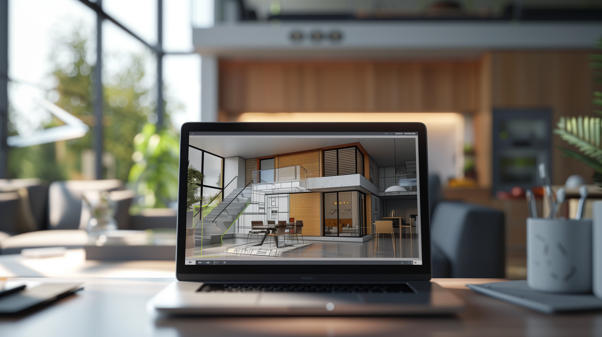 Ein Laptop zeigt ein architektonisches Rendering und steht auf einem Schreibtisch.