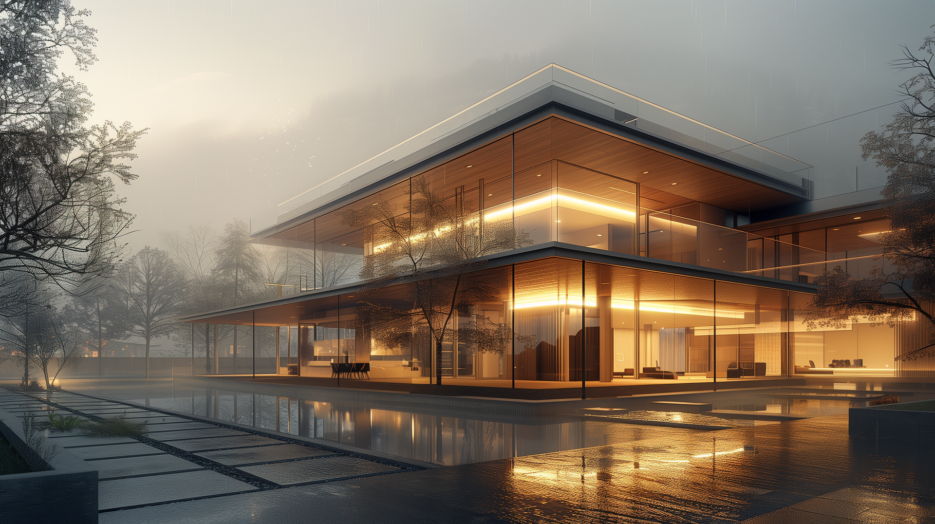 Ein modernes Gebäude mit Glaswänden, Holzakzenten und sanfter Beleuchtung.