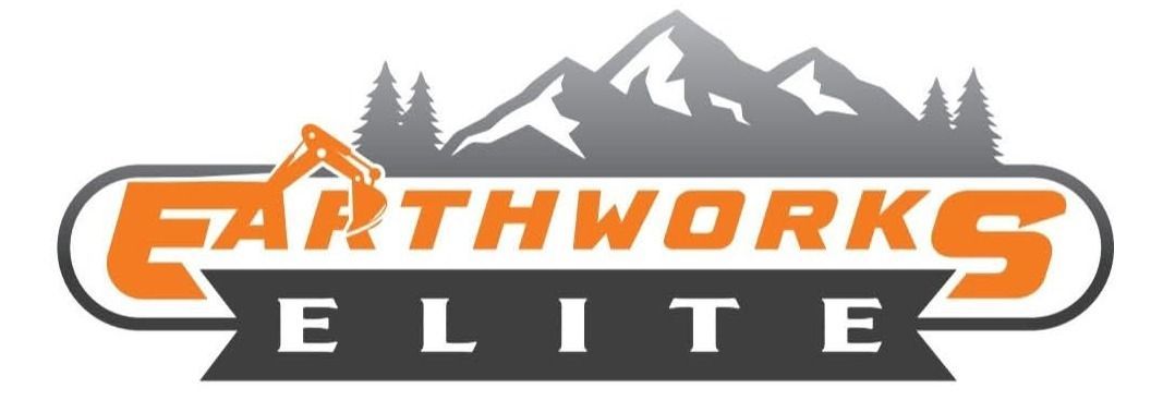 Logo of Earthworks Elite: orange and black text with a mountain range, and an excavator.