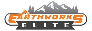 Logo of Earthworks Elite: orange and black text with a mountain range, and an excavator.