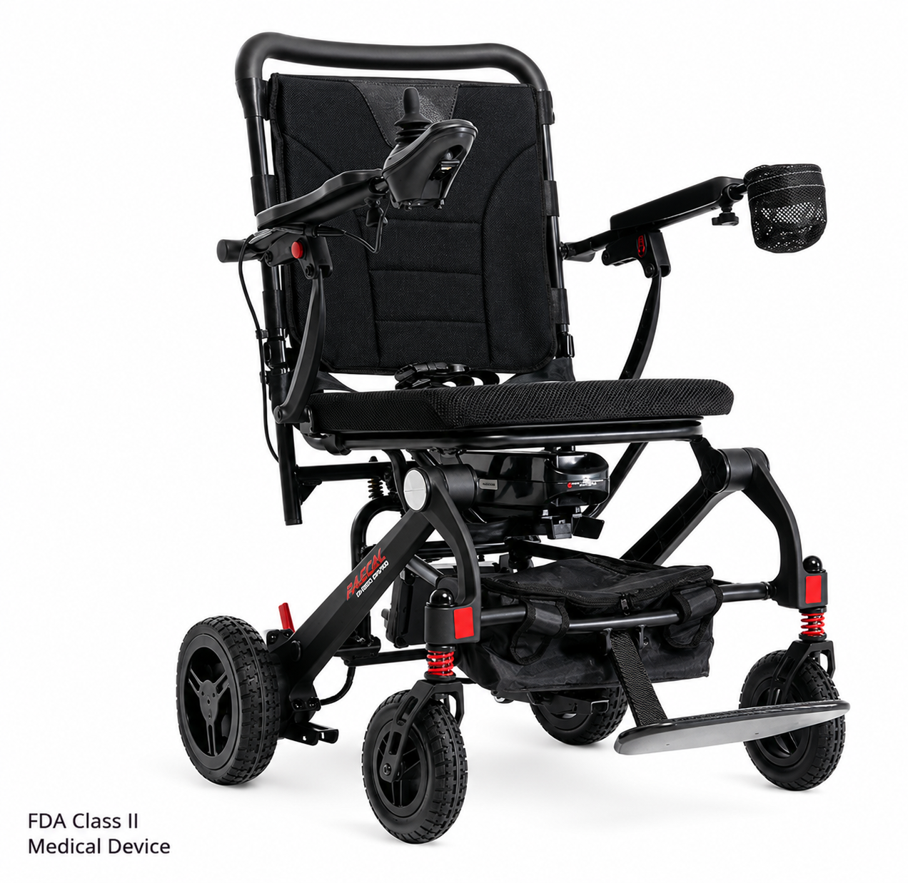Black motorized wheelchair with three wheels on a white background
