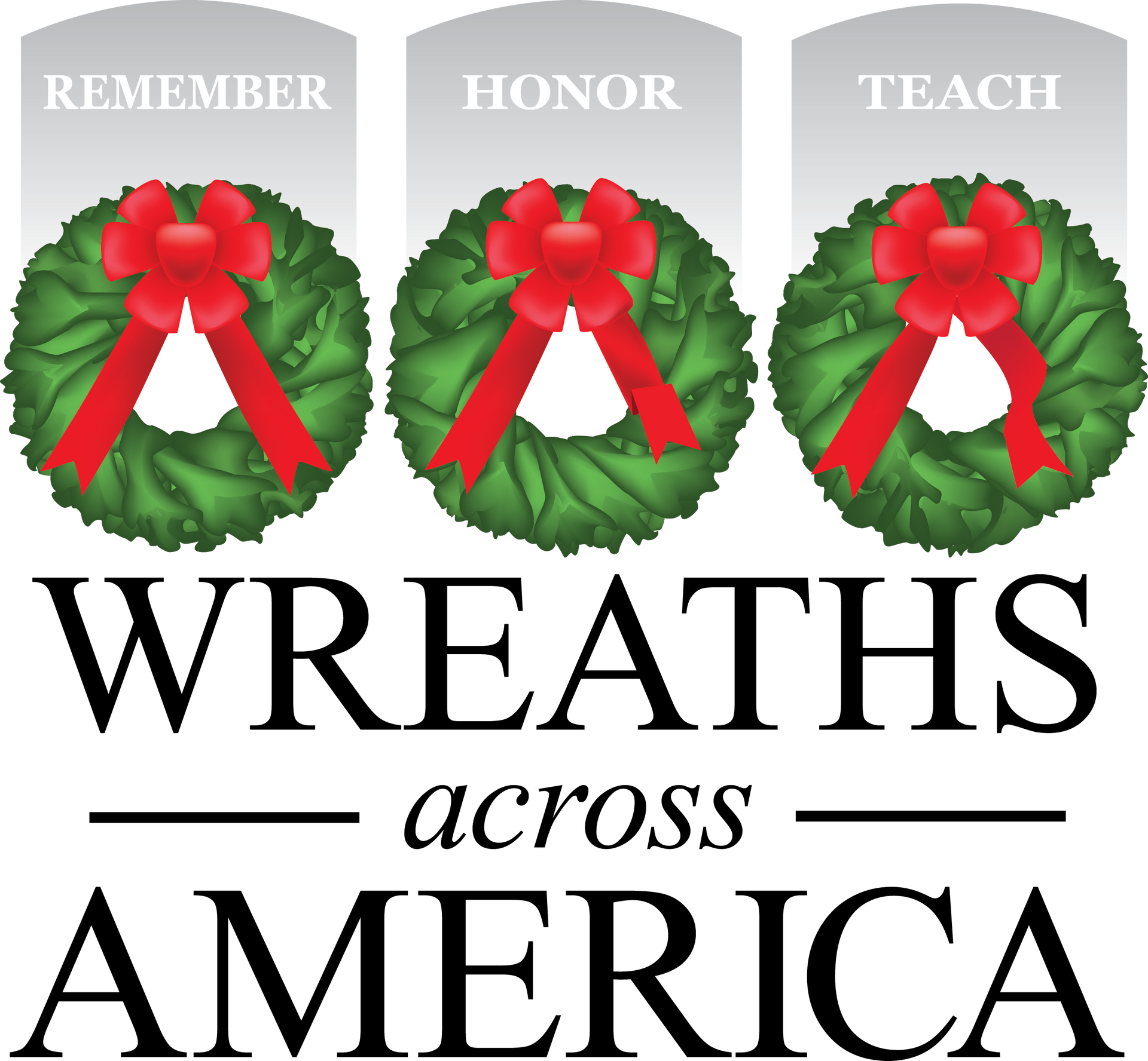 Wreaths Across America logo with three wreaths labeled Remember, Honor, Teach.
