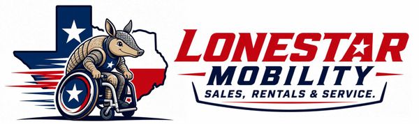 Lonestar Mobility logo with a horse in a wheelchair, Texas flag colors, and “Sales, Rentals & Service” text