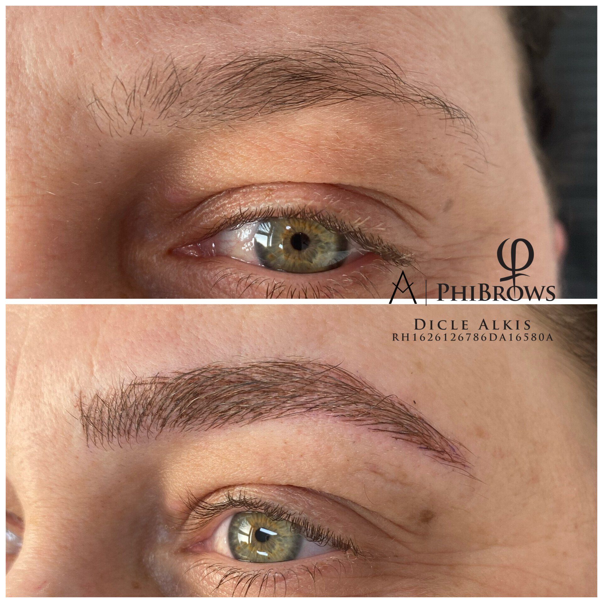 Ein Vorher-Nachher-Foto der Augenbrauen einer Frau