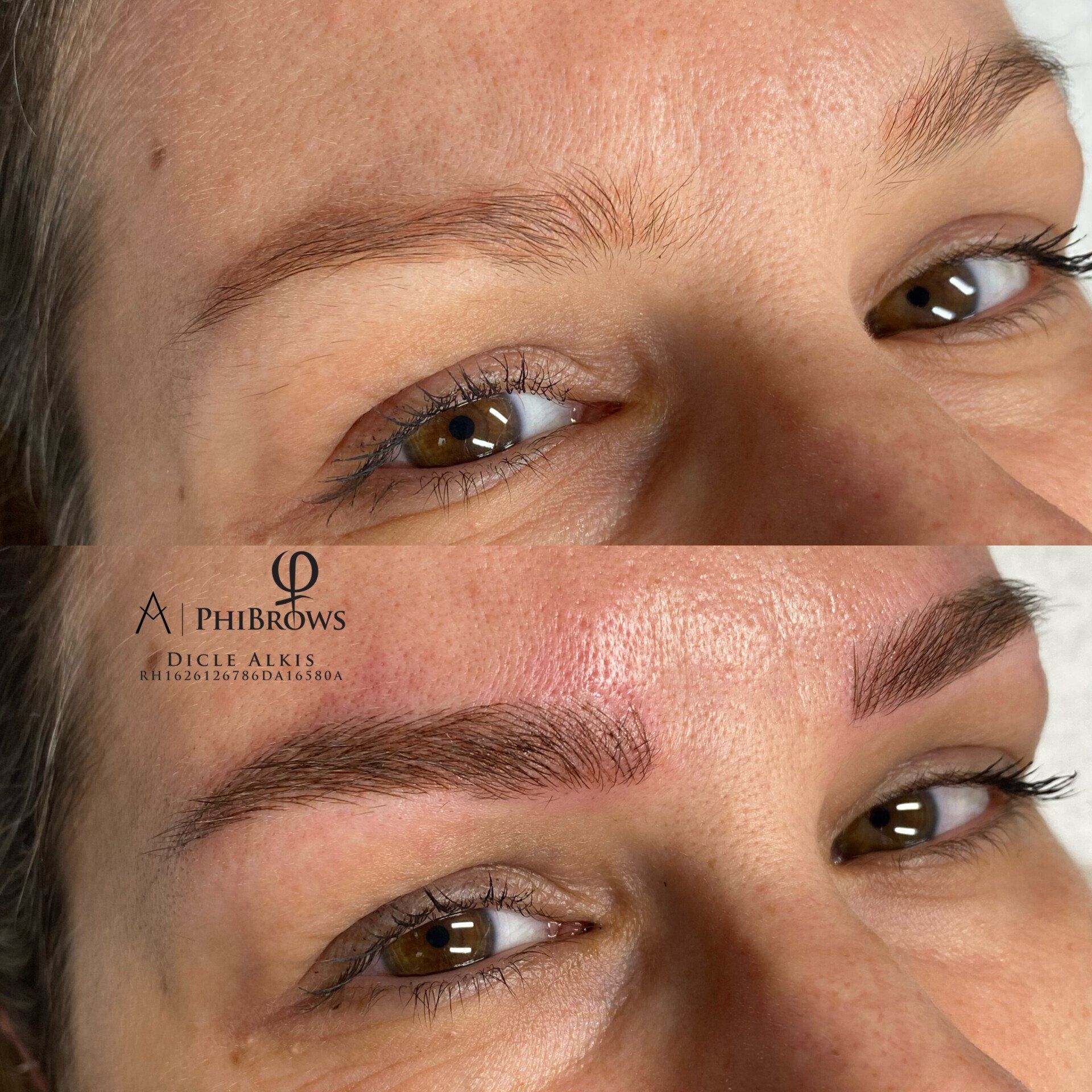 Ein Vorher-Nachher-Foto der Augenbrauen einer Frau.