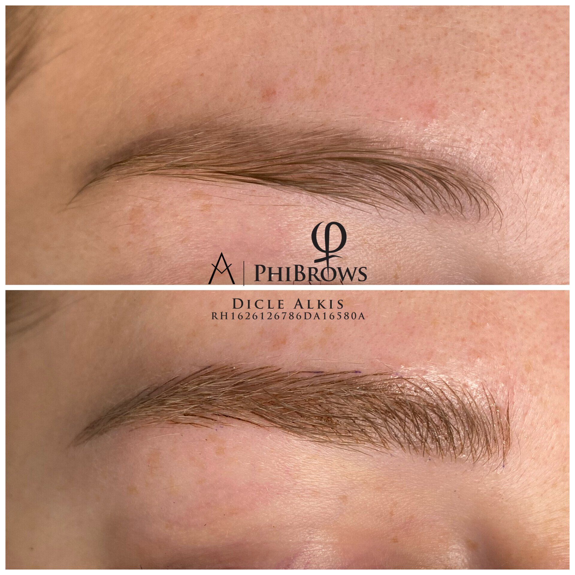 Ein Vorher-Nachher-Foto der Augenbrauen einer Frau.