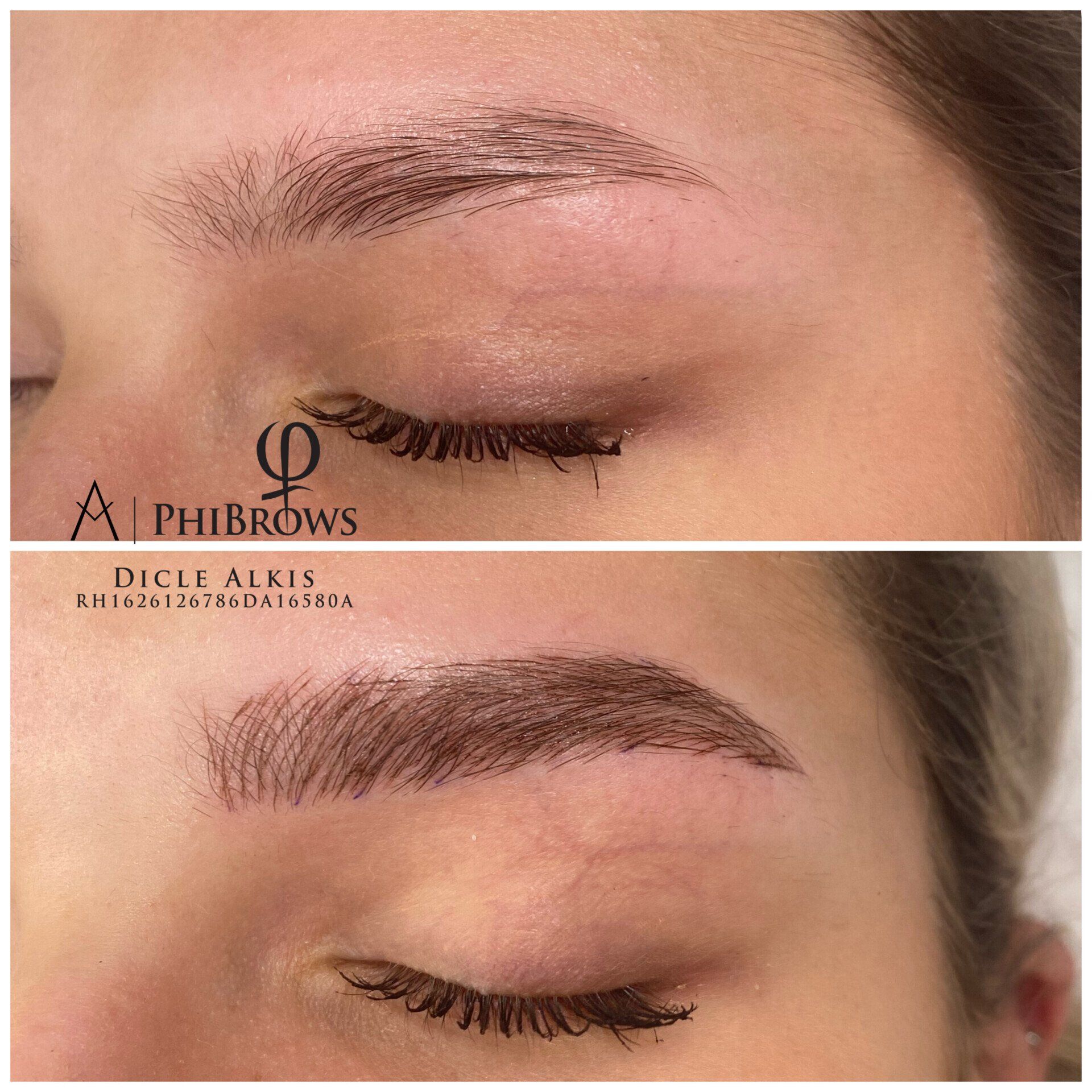 Ein Vorher-Nachher-Foto der Augenbrauen einer Frau.