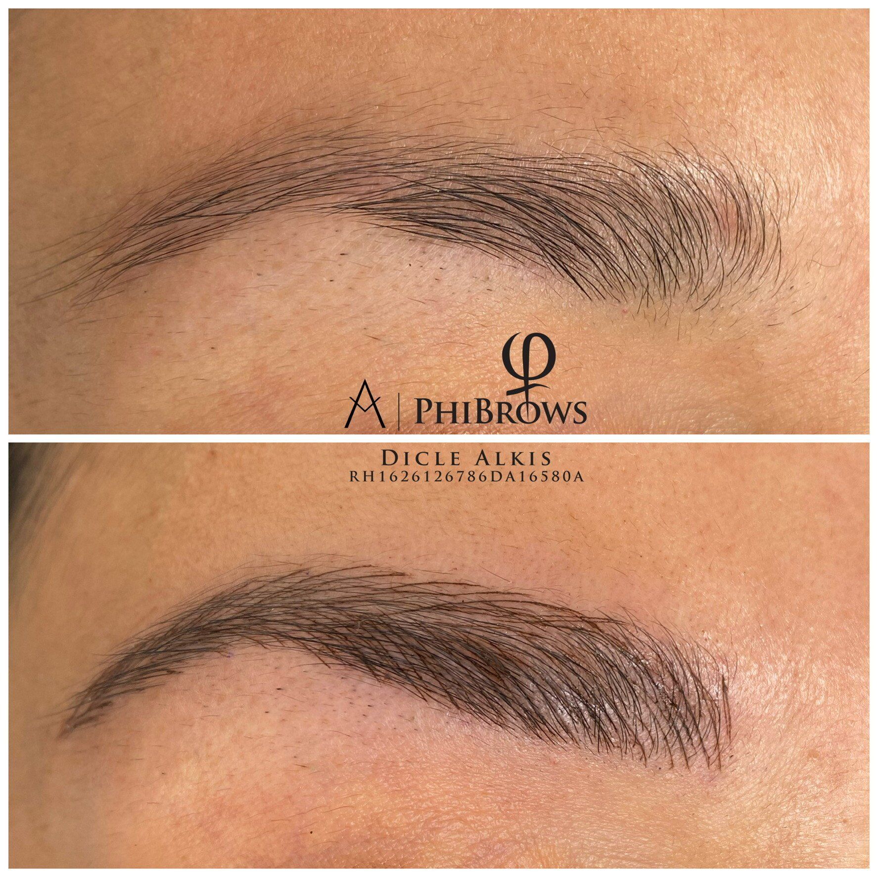 Ein Vorher-Nachher-Foto der Augenbrauen einer Frau.