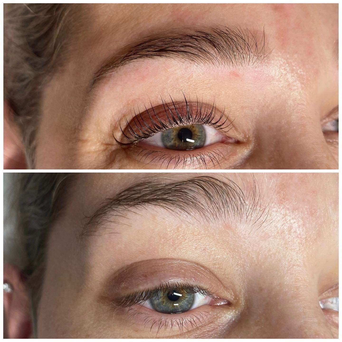 Ein Vorher-Nachher-Foto der Augenbrauen einer Frau.