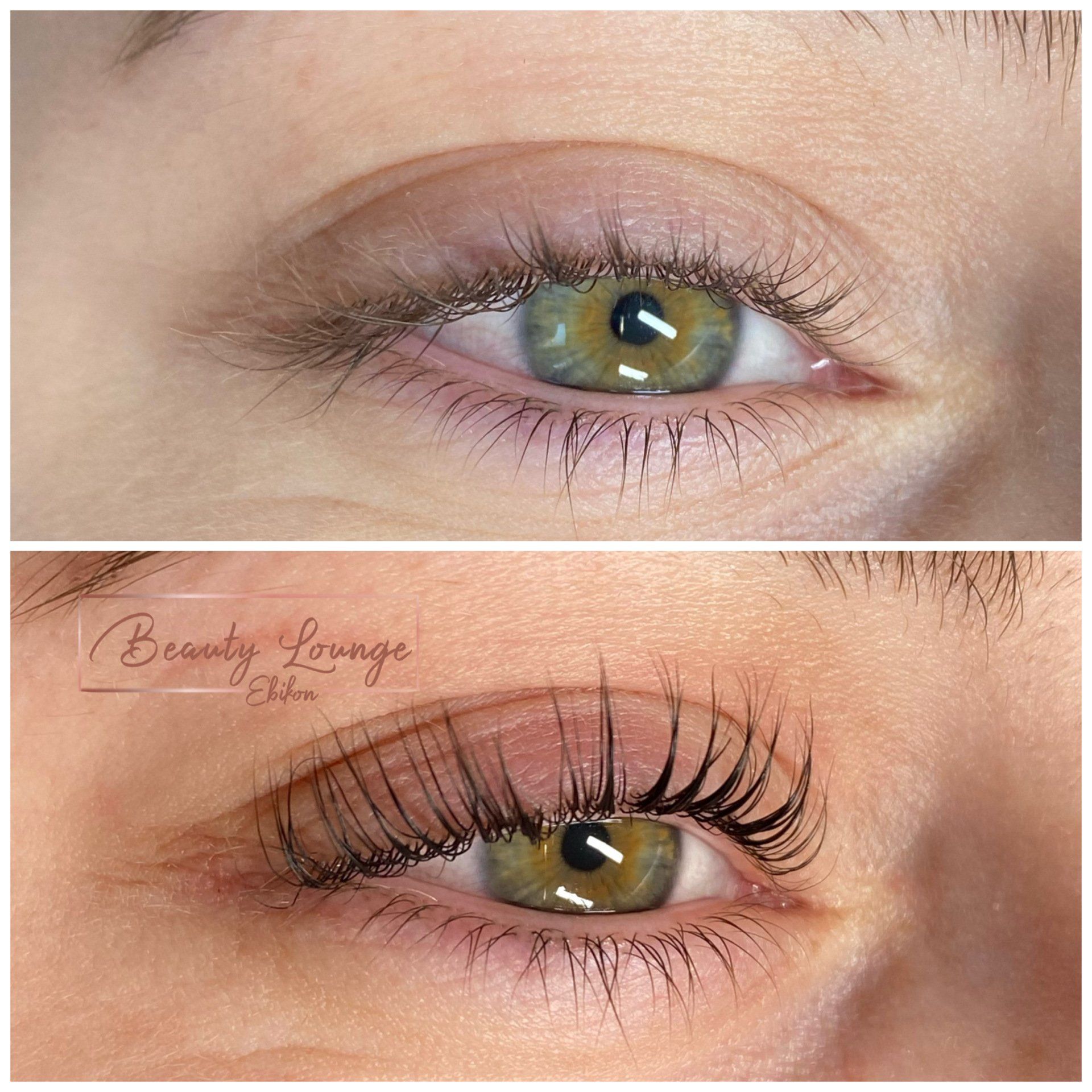 Ein Vorher-Nachher-Foto des Auges einer Frau mit Wimpern.