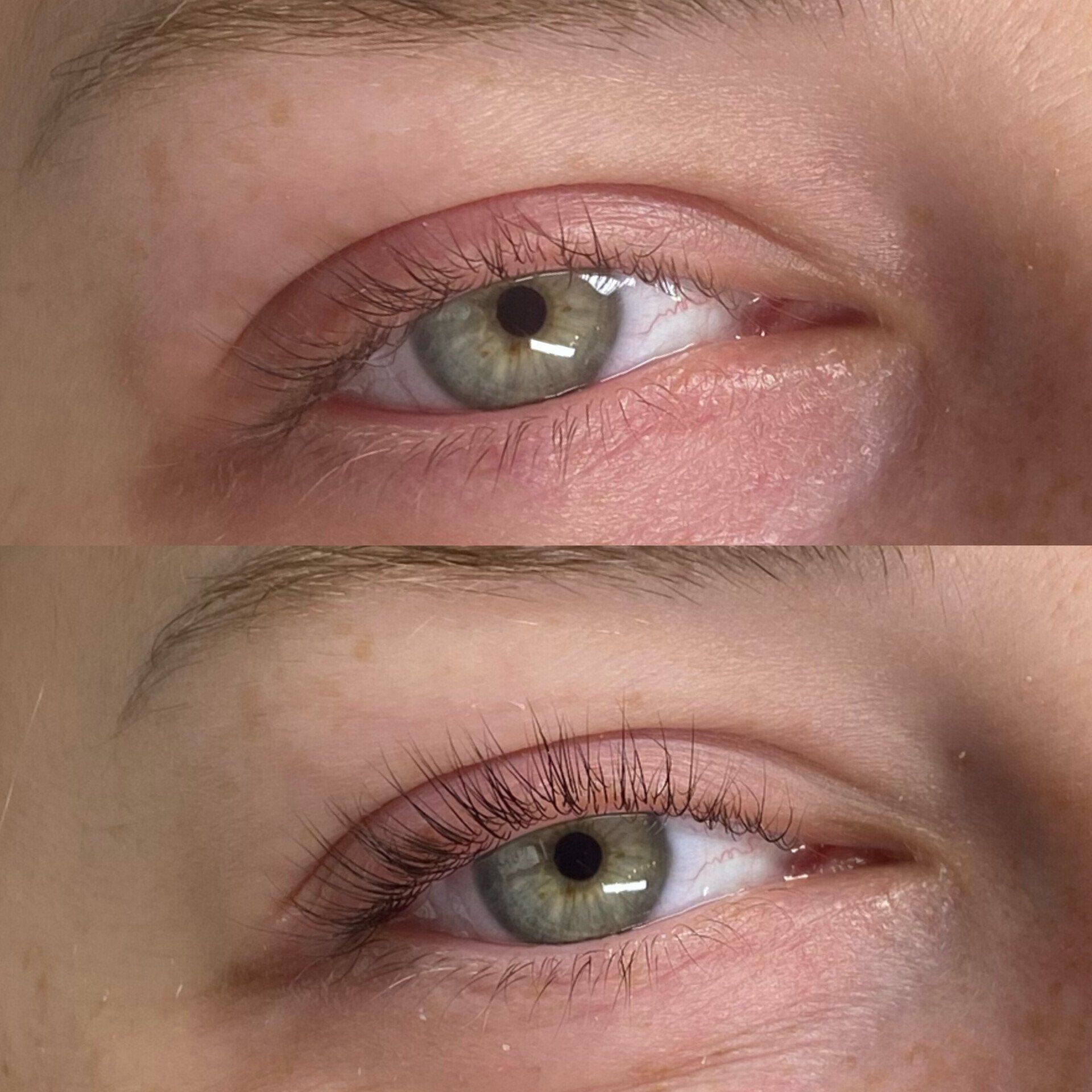 Ein Vorher-Nachher-Foto des Auges einer Frau mit und ohne Wimperntusche.