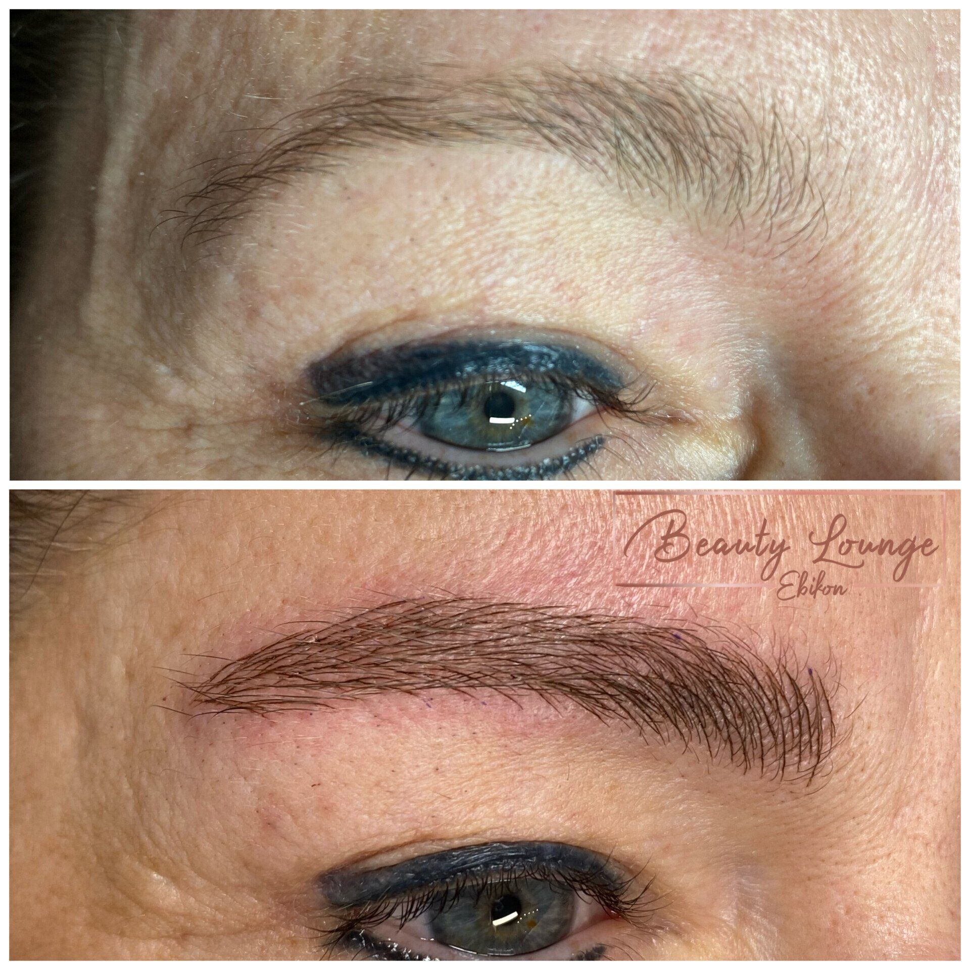 Ein Vorher-Nachher-Foto der Augenbrauen einer Frau.