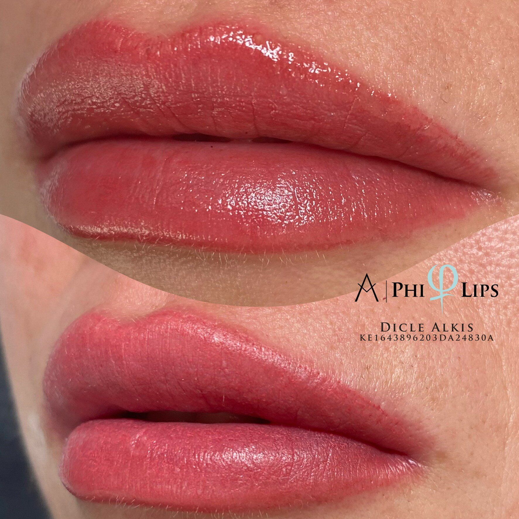 Ein Vorher-Nachher-Foto der Lippen einer Frau.