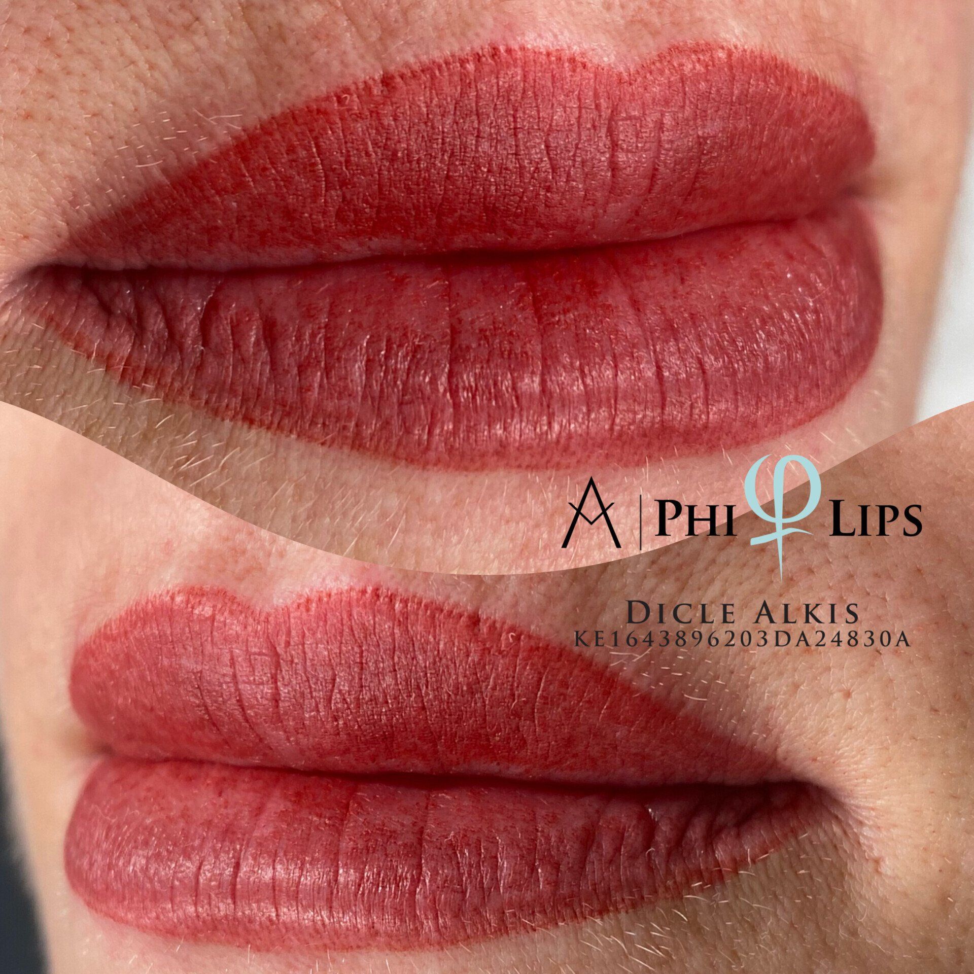 Eine Nahaufnahme der Lippen einer Frau vor und nach einer Tätowierung