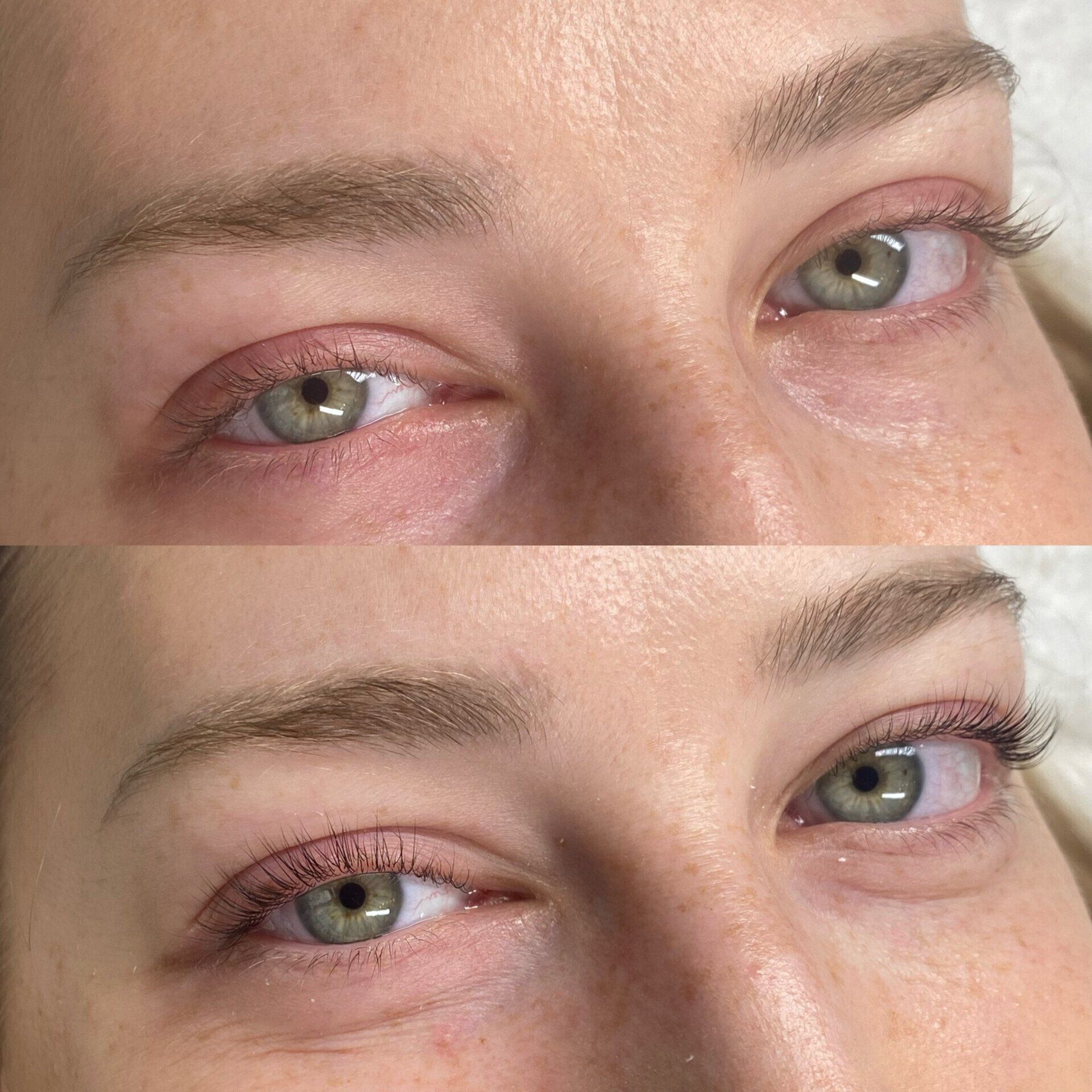 Ein Vorher-Nachher-Bild der Augen einer Frau