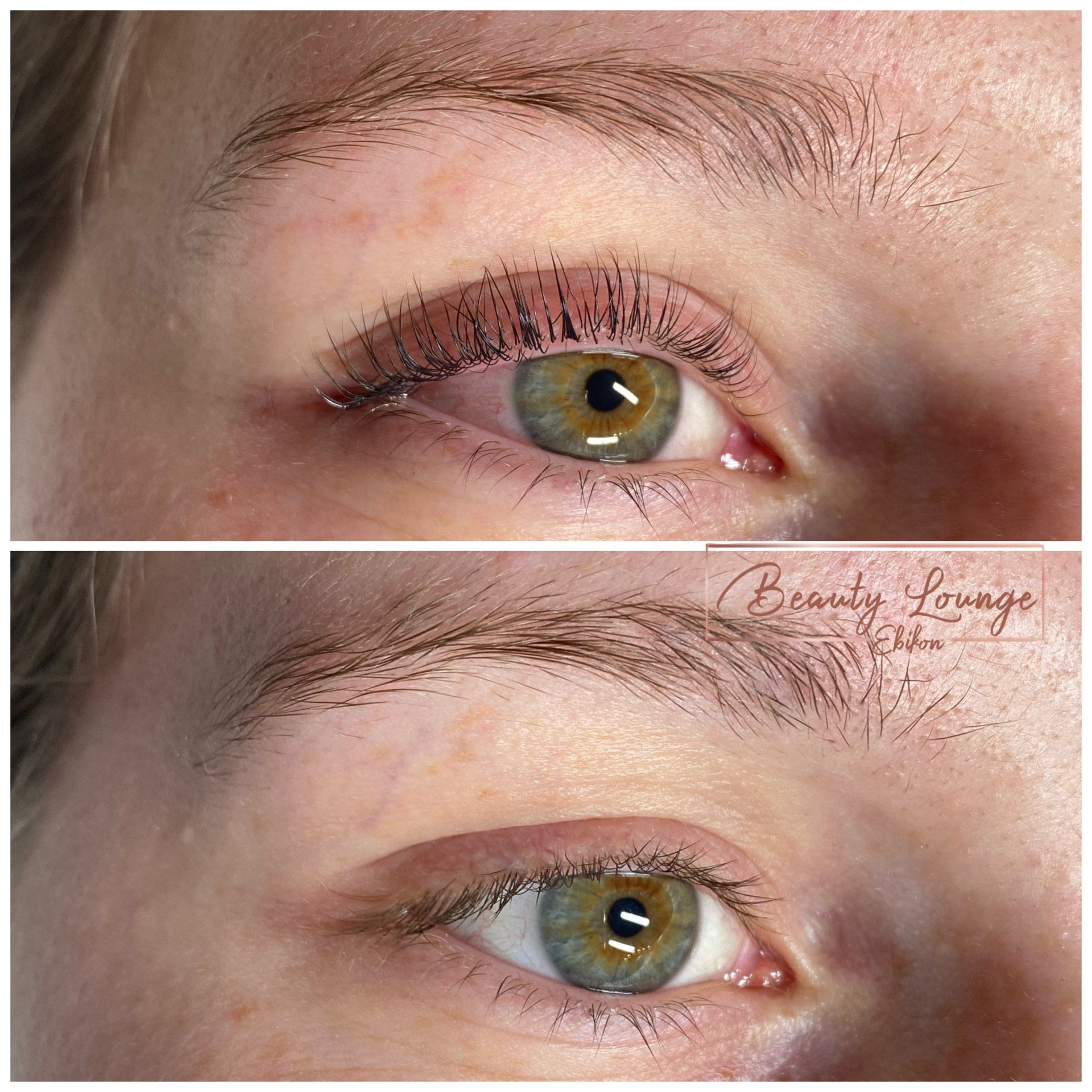 Ein Vorher-Nachher-Bild der Augenbrauen einer Frau