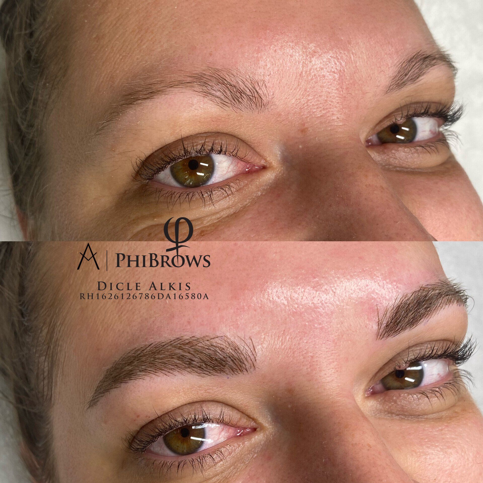 Ein Vorher-Nachher-Foto der Augenbrauen einer Frau