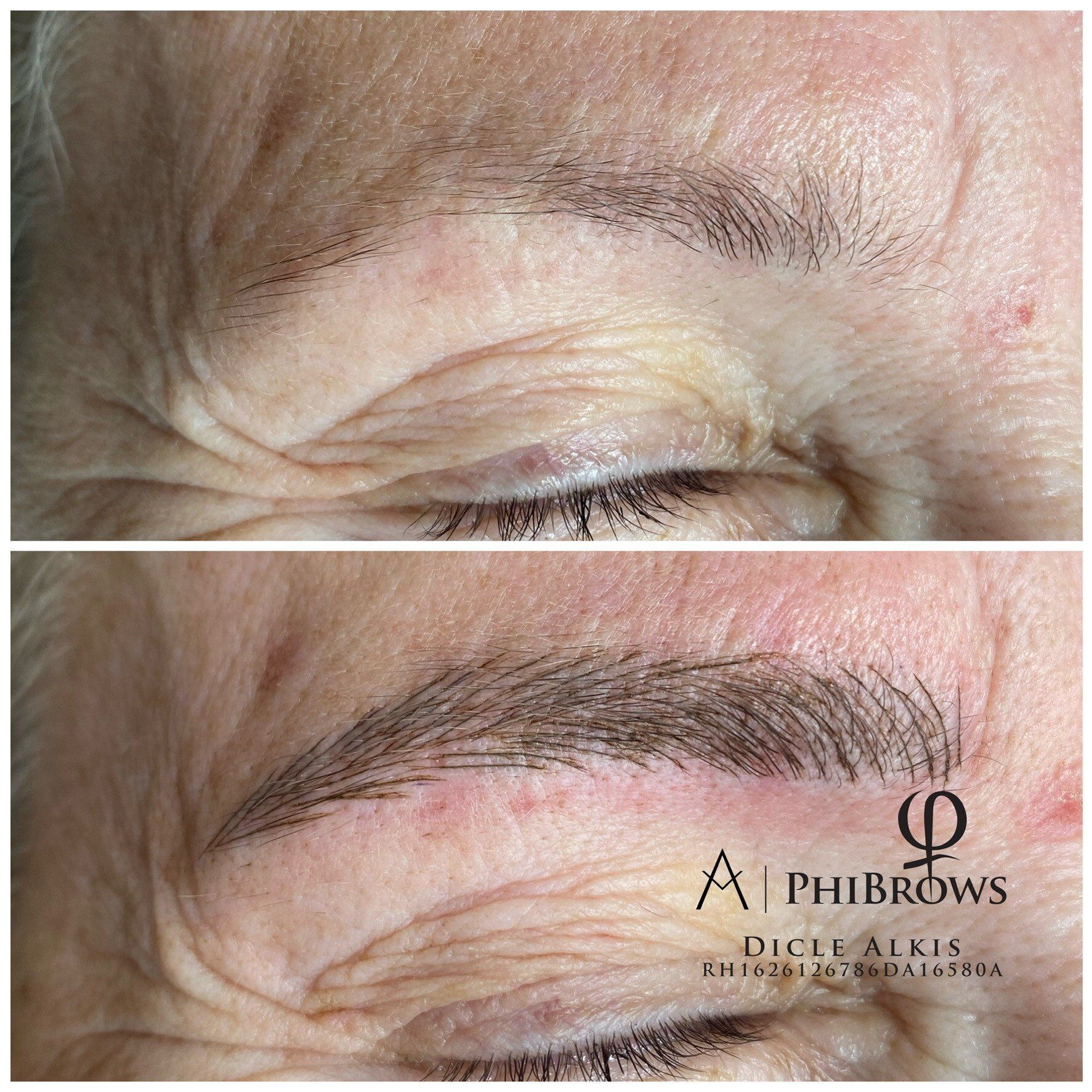 Ein Vorher-Nachher-Foto der Augenbrauen einer Frau