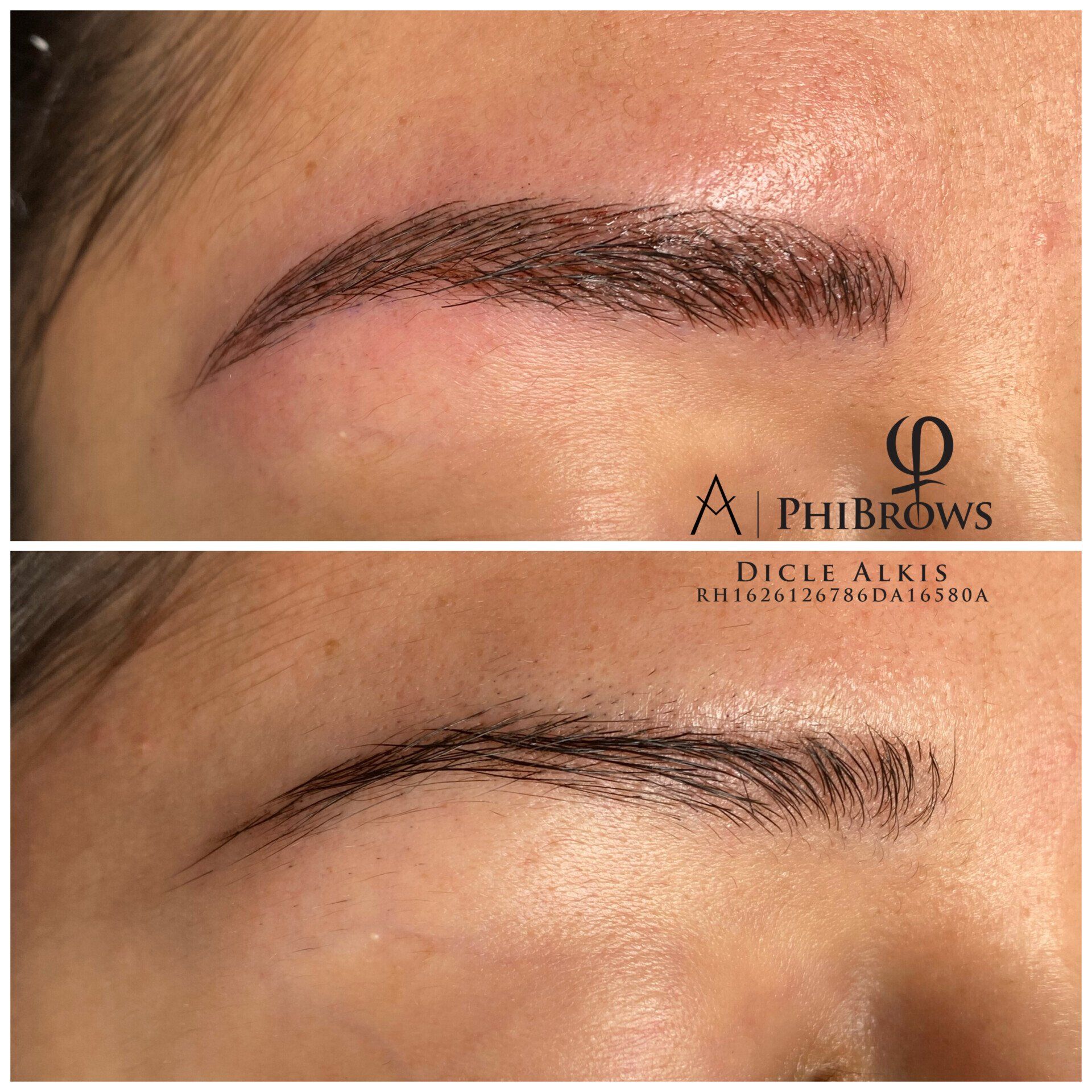 Ein Vorher-Nachher-Foto der Augenbrauen einer Frau