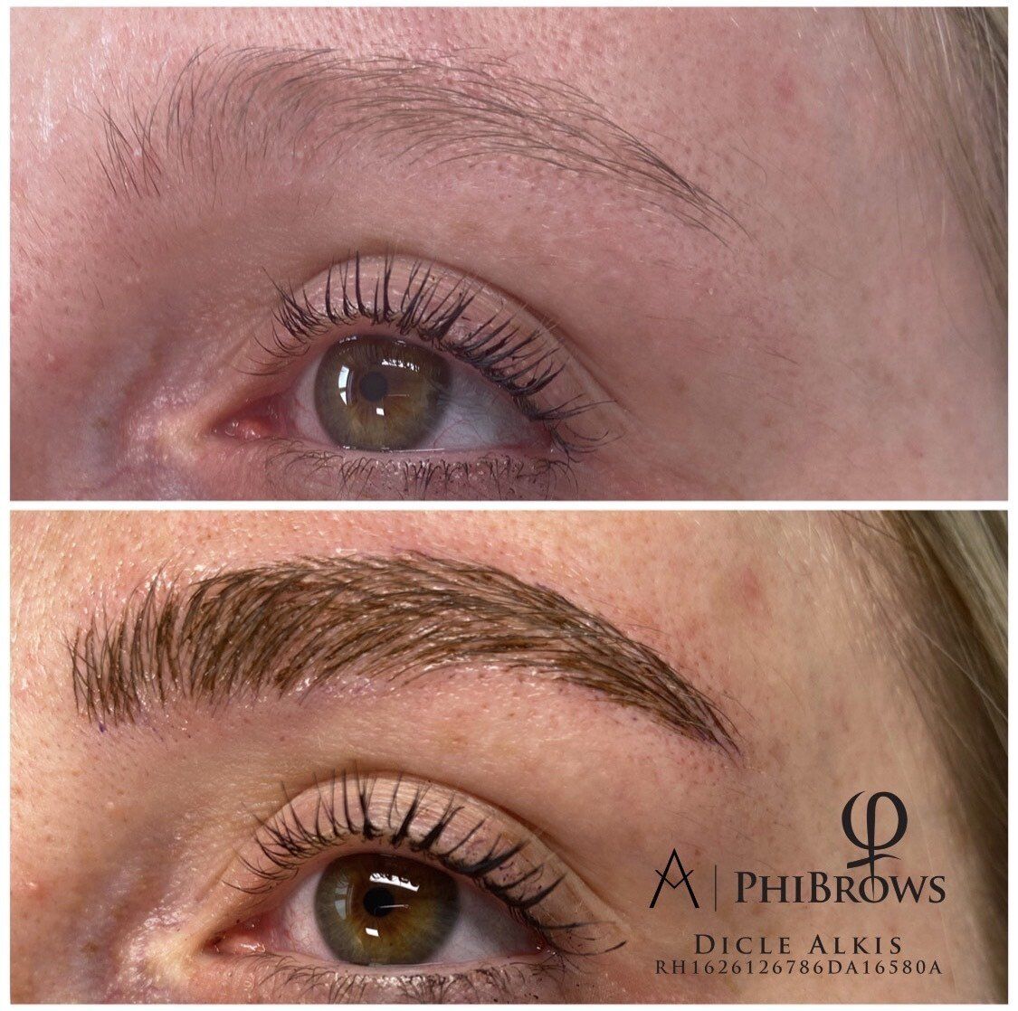 Ein Vorher-Nachher-Foto der Augenbrauen einer Frau.