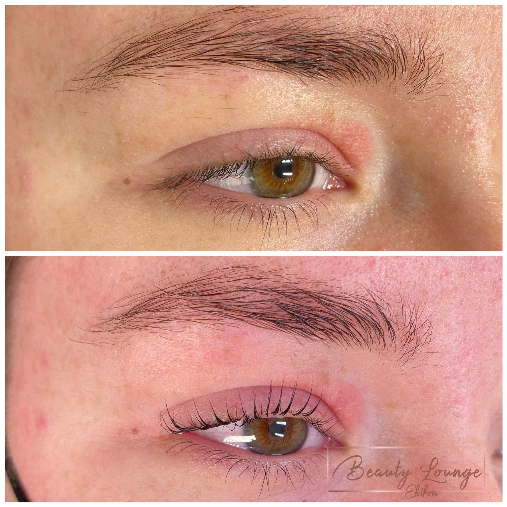 Ein Vorher-Nachher-Bild der Augenbrauen einer Frau