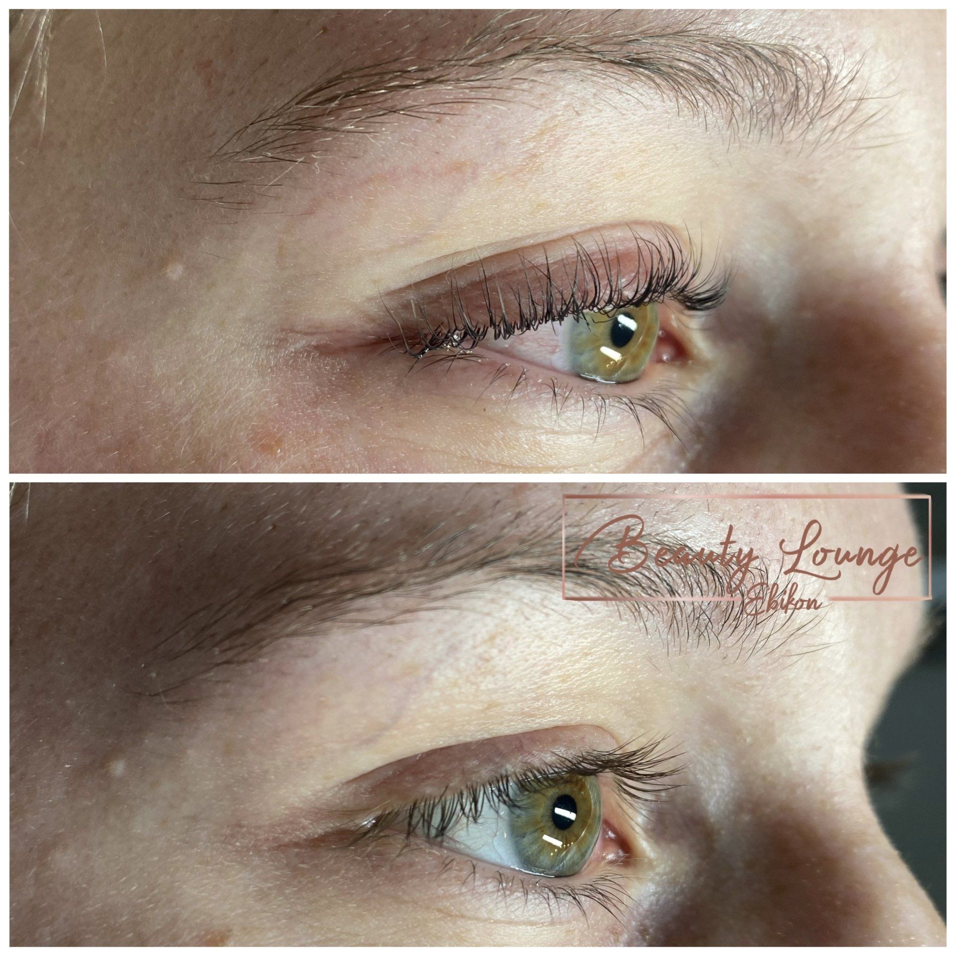 Ein Vorher-Nachher-Foto der Augenbrauen einer Frau