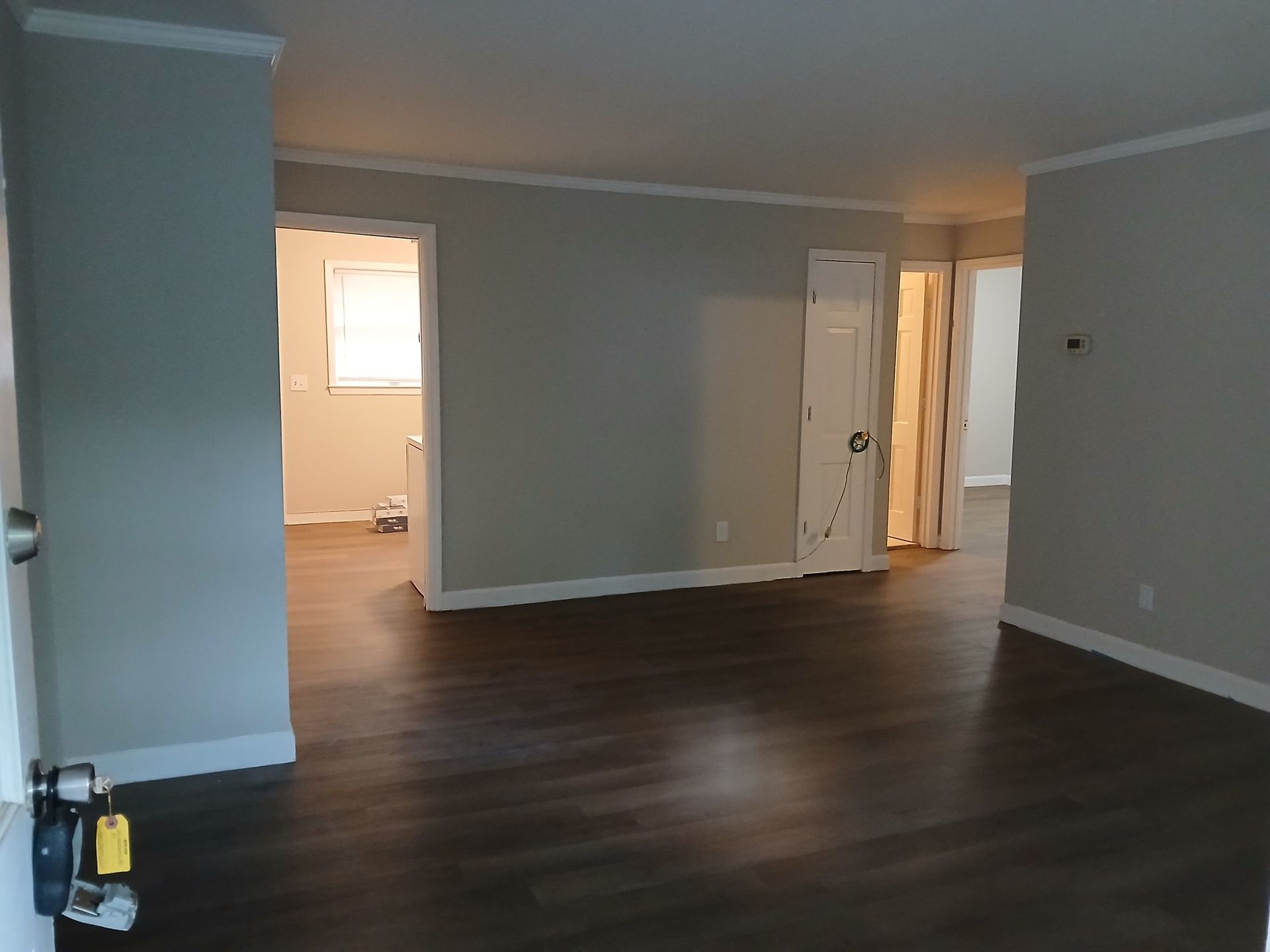 Empty room with dark wood-look floors, gray walls, white trim, and multiple doorways leading to other rooms.