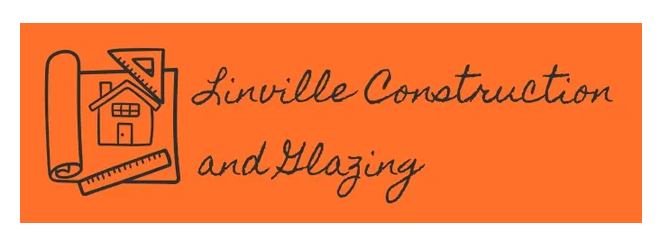 Logo for Linville Construction and Glazing featuring a house outline, blueprints, and text on an orange background.