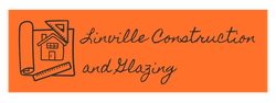 Logo for Linville Construction and Glazing featuring a house outline, blueprints, and text on an orange background.
