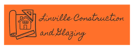 Logo for Linville Construction and Glazing featuring a house outline, blueprints, and text on an orange background.