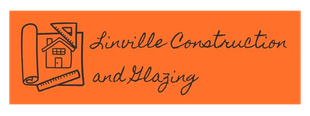 Logo for Linville Construction and Glazing featuring a house outline, blueprints, and text on an orange background.