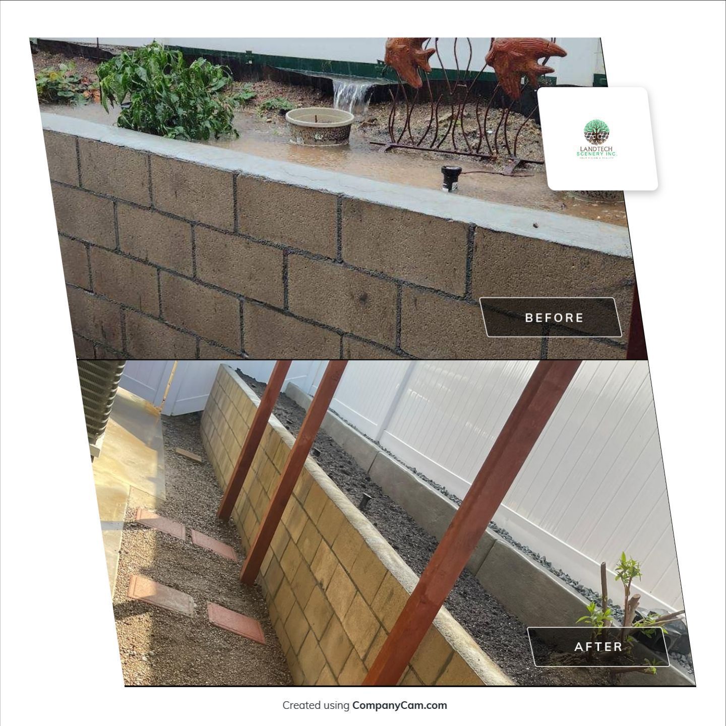 Before and after of a concrete block wall.  Before: water flows over. After:  wall is updated, gravel and wood supports added.