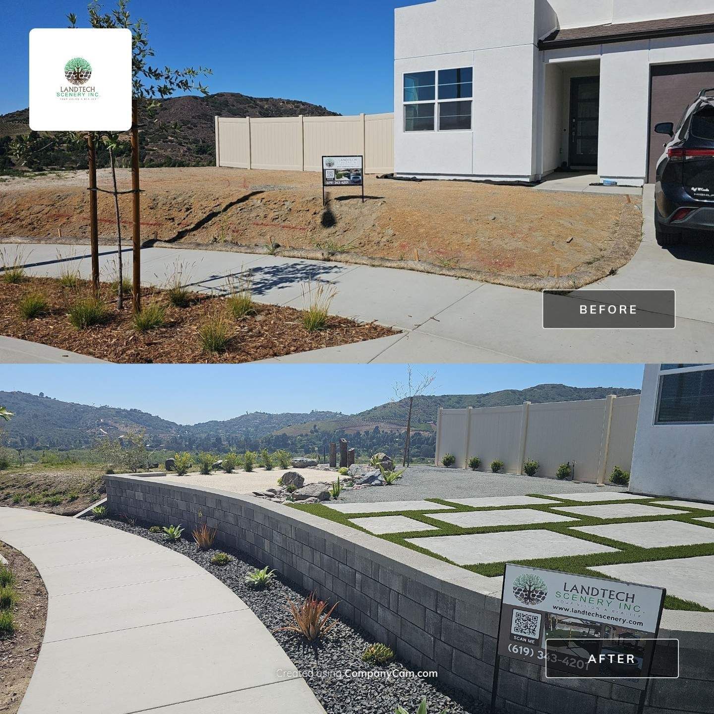 Before and after comparison of a home's landscaping. Top: Bare yard. Bottom: Landscaped with retaining wall, walkway, and plants.