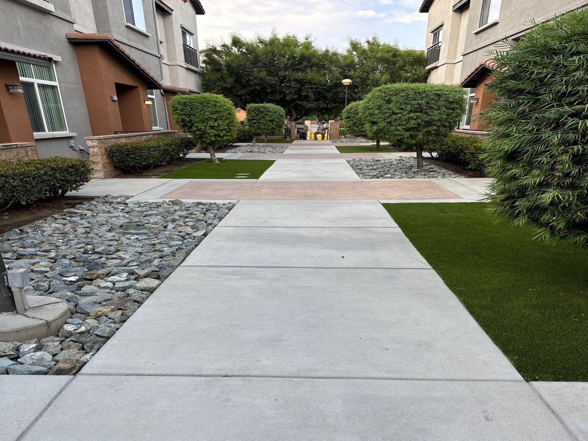 Pathway between buildings, with manicured landscaping, small trees, and a distant person.