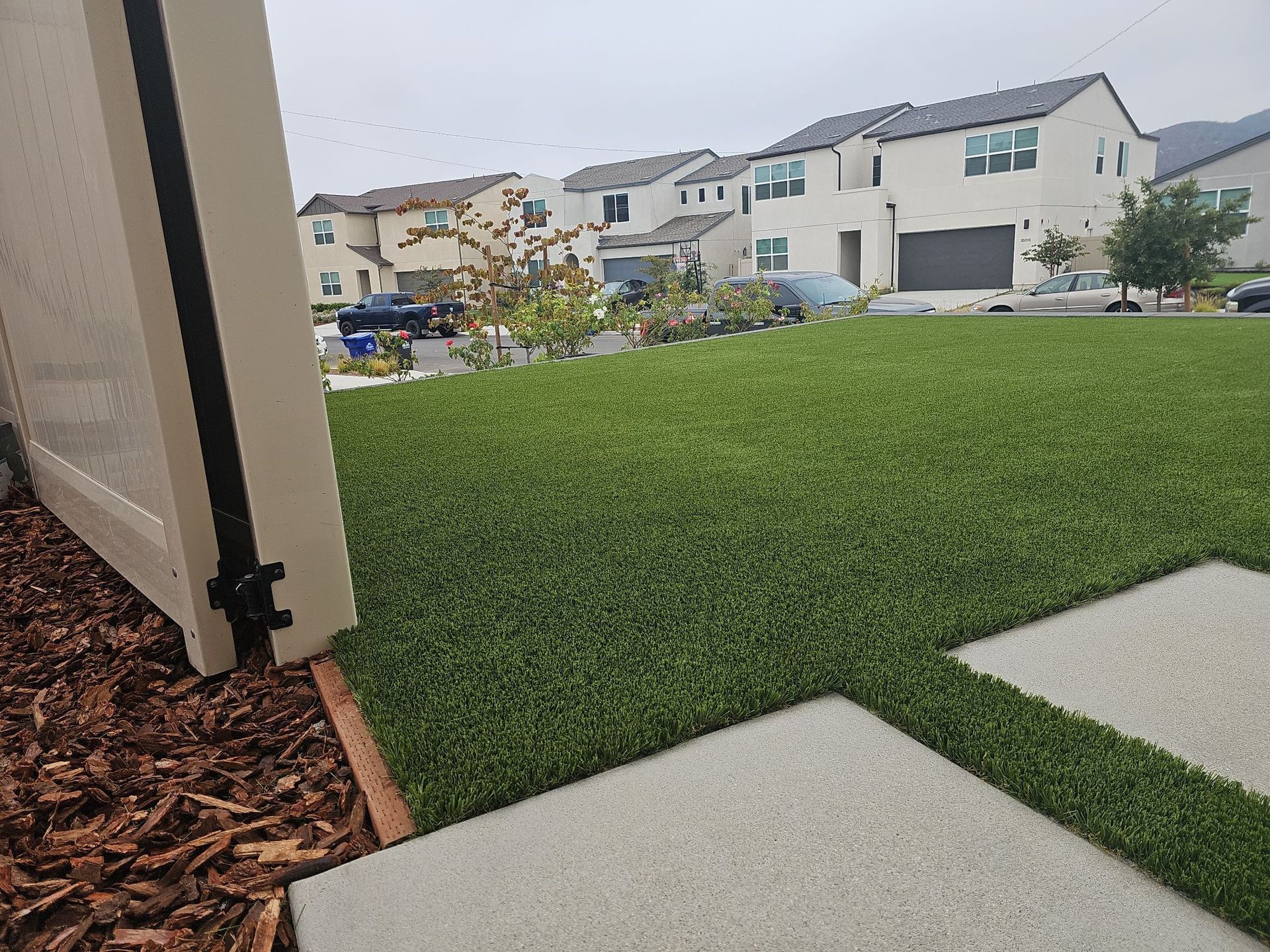 Lush green turf lawn with concrete pavers, houses in the background, and a gate on the left.