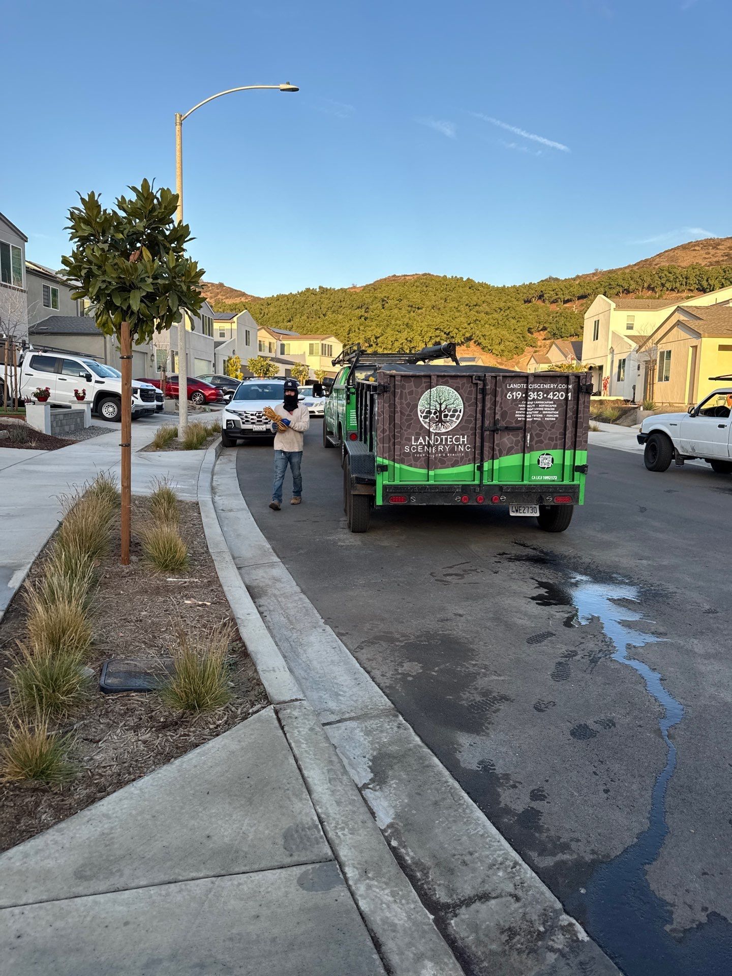 Green landscaping truck parked on a street; a person stands nearby. Houses and a hill are in the background under a blue sky.