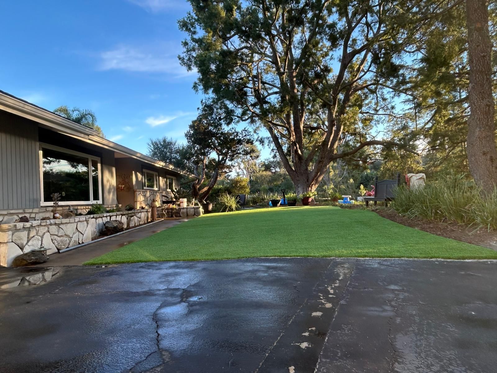 A house with a large green lawn, trees, and a wet driveway under a blue sky.