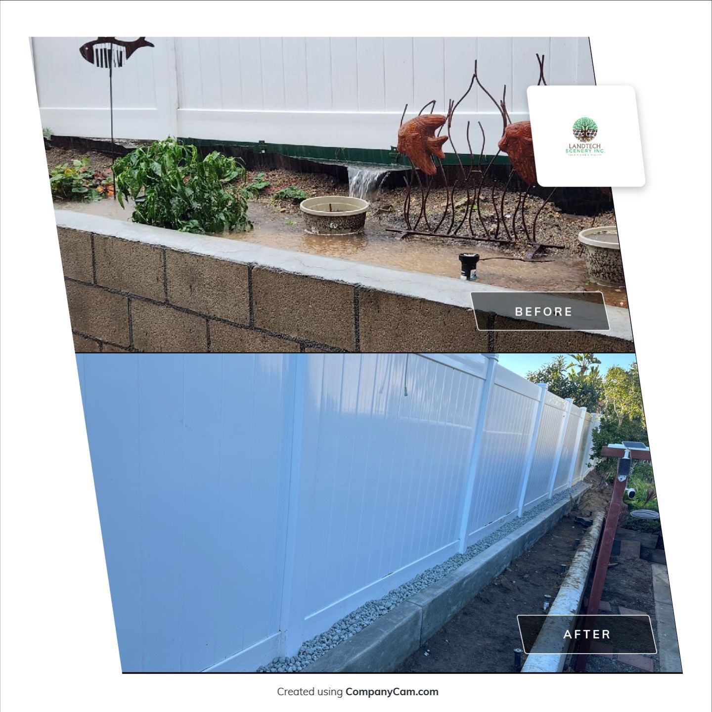 Before-and-after of a white vinyl fence. Top: old fence & landscaping. Bottom: new fence & gravel.