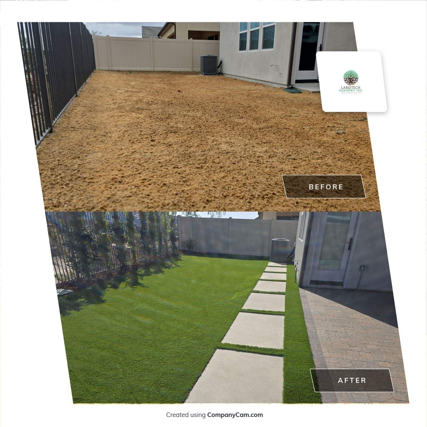 Before and after of a yard. Top: dry, brown grass. Bottom: green turf with stone path.