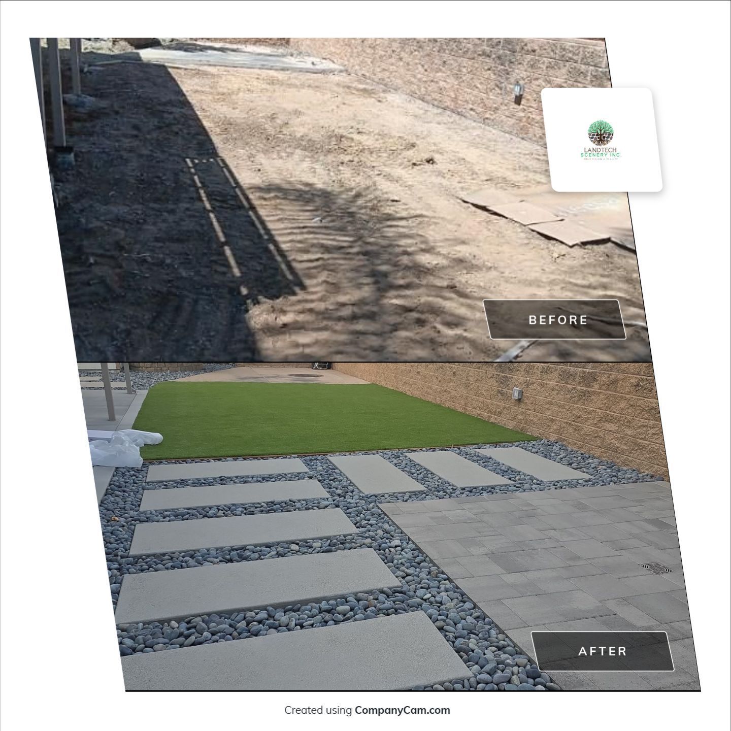 Before/after of backyard: dirt slope transforms into a patio, grass, and stone pathway.