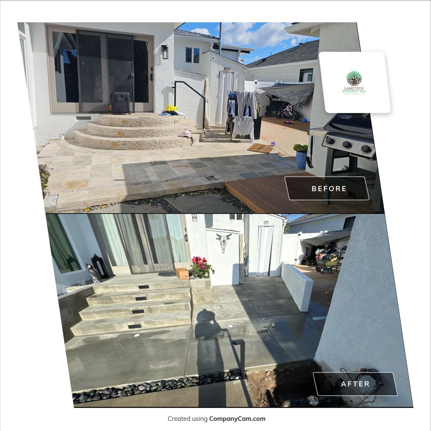 Before and after comparison of an outdoor patio, showing a renovation with new stone and steps.
