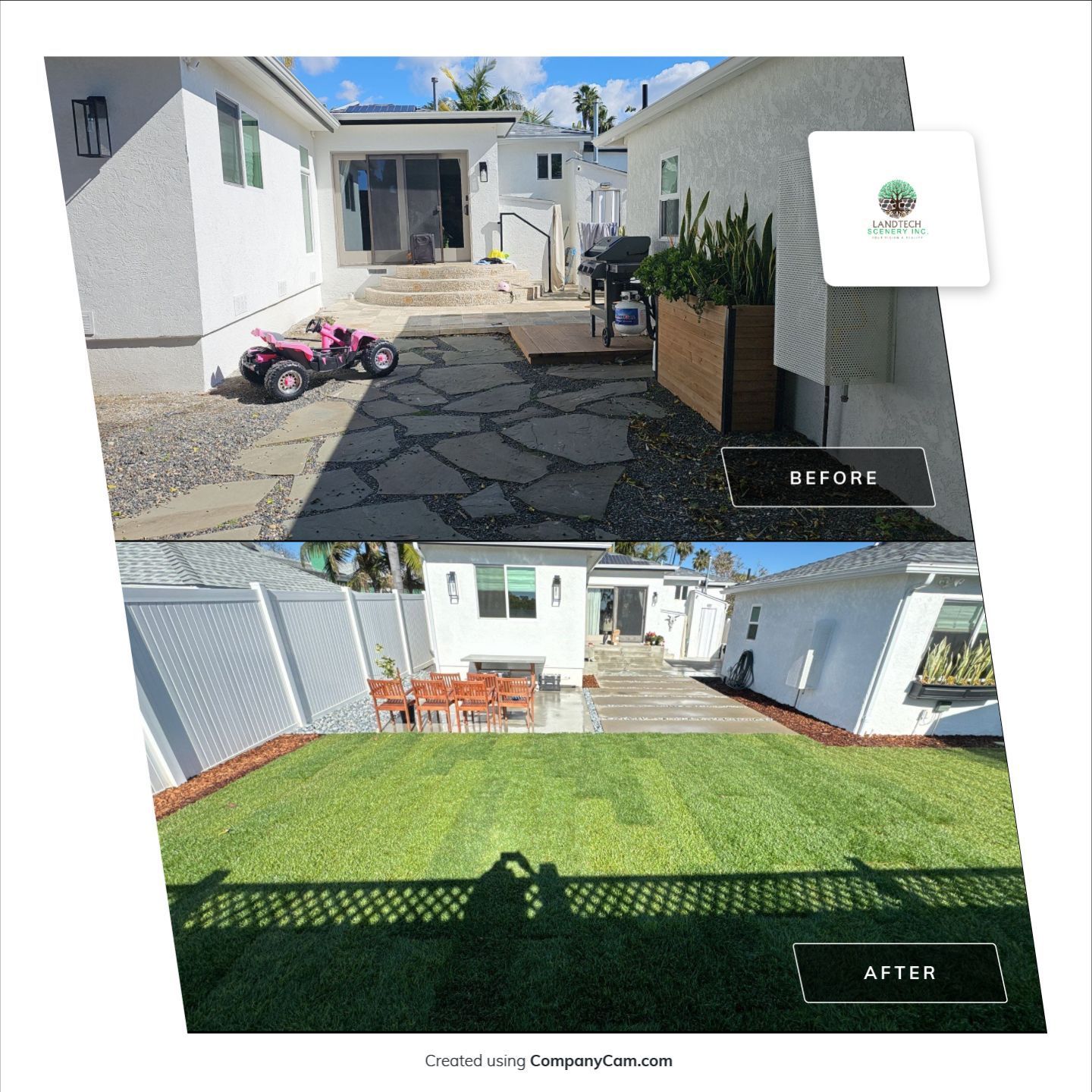 Backyard transformation: Before shows a stone patio, after shows a green lawn with a white fence.