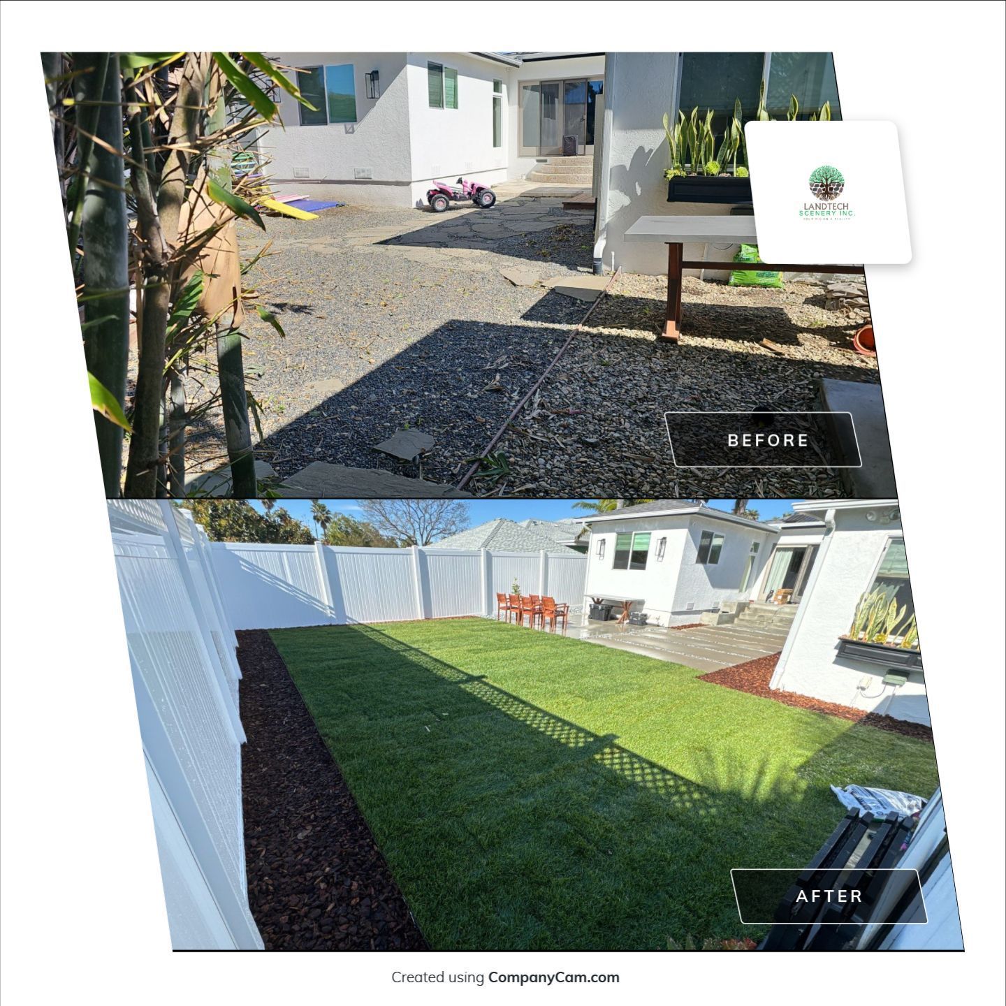 Before-and-after of a backyard transformation: gravel to green grass with white fence.