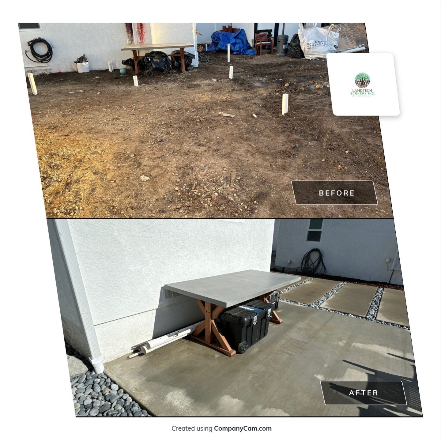 Before-and-after of a concrete patio with a table. Top: dirt yard. Bottom: finished patio, table, and decorative stones.