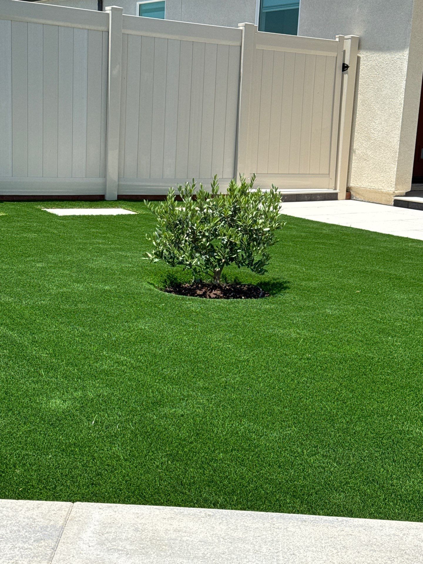 Green artificial turf with a small bush, bordered by a white fence.