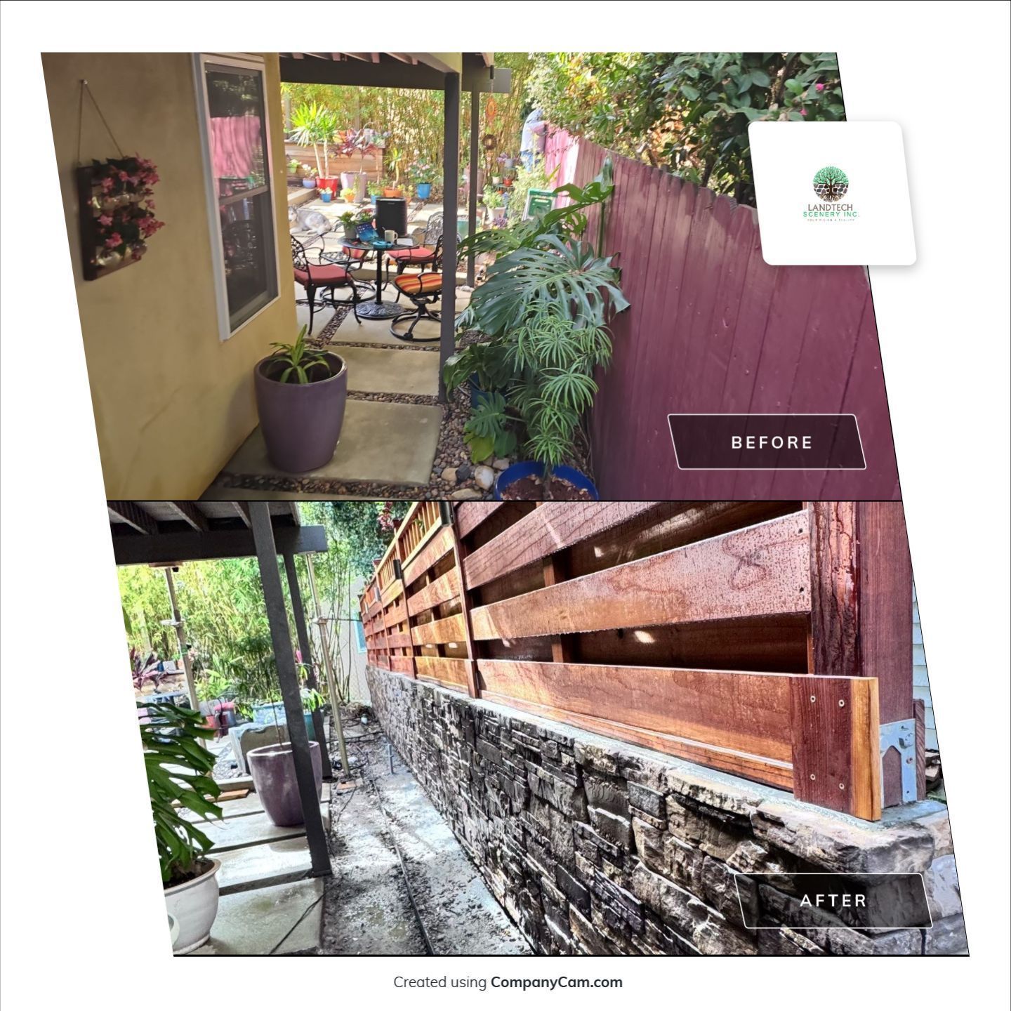 Before and after of a garden: a patio with a purple pot and red fence, replaced by a wood-slat fence on a stone wall.
