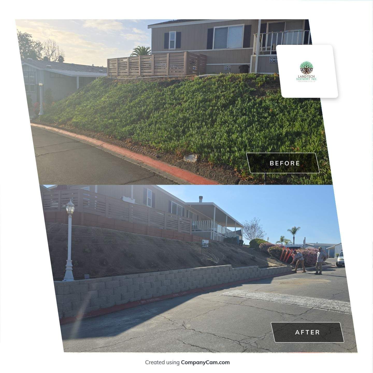 Before and after of a retaining wall built to replace a grassy slope next to a mobile home.