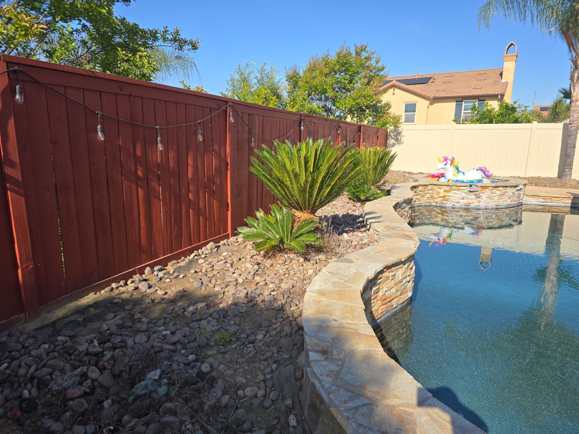 Red wooden fence next to a pool with a stone border.  Cycads planted in a rock bed. Bright sunny day.