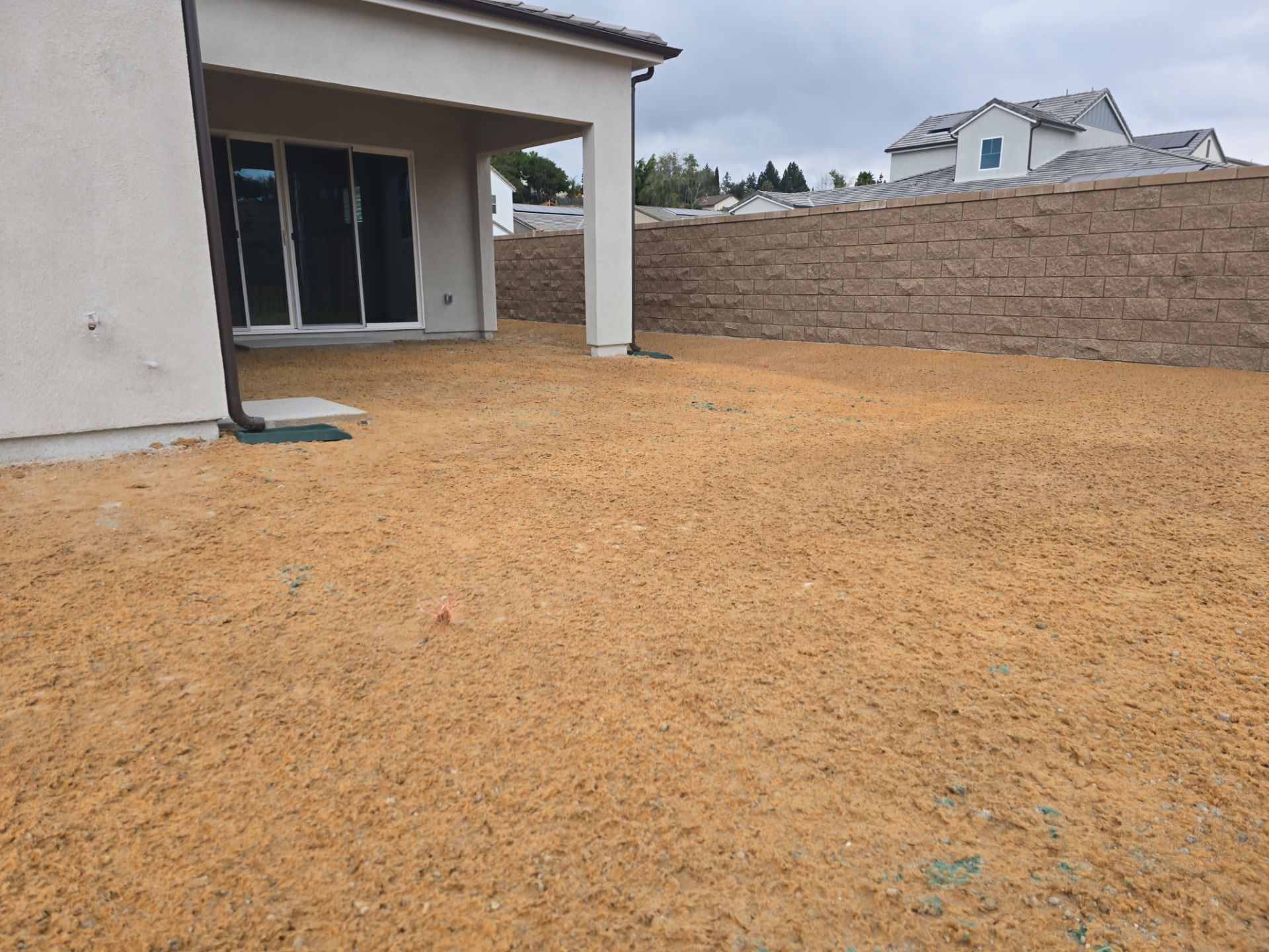 Backyard with tan mulch ground cover, house with sliding glass door and beige exterior, hillside in the distance.